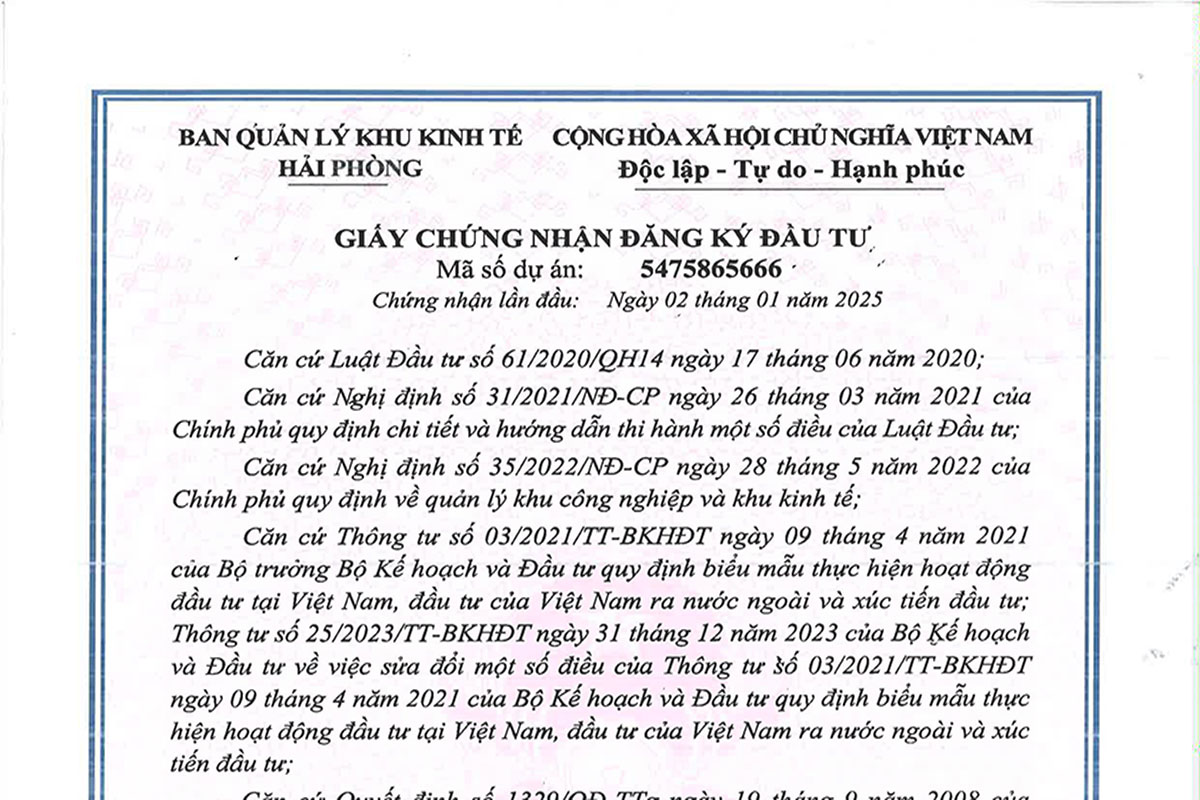 Giấy chứng nhận đầu tư tại KCN Đình Vũ